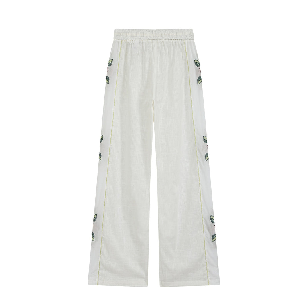 Damen Weite Leinen‑Optik Hose mit Tunnelzugbund und seitlicher Blumenstickerei Echo Archiv