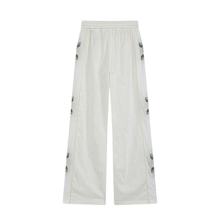 Damen Weite Leinen‑Optik Hose mit Tunnelzugbund und seitlicher Blumenstickerei Echo Archiv