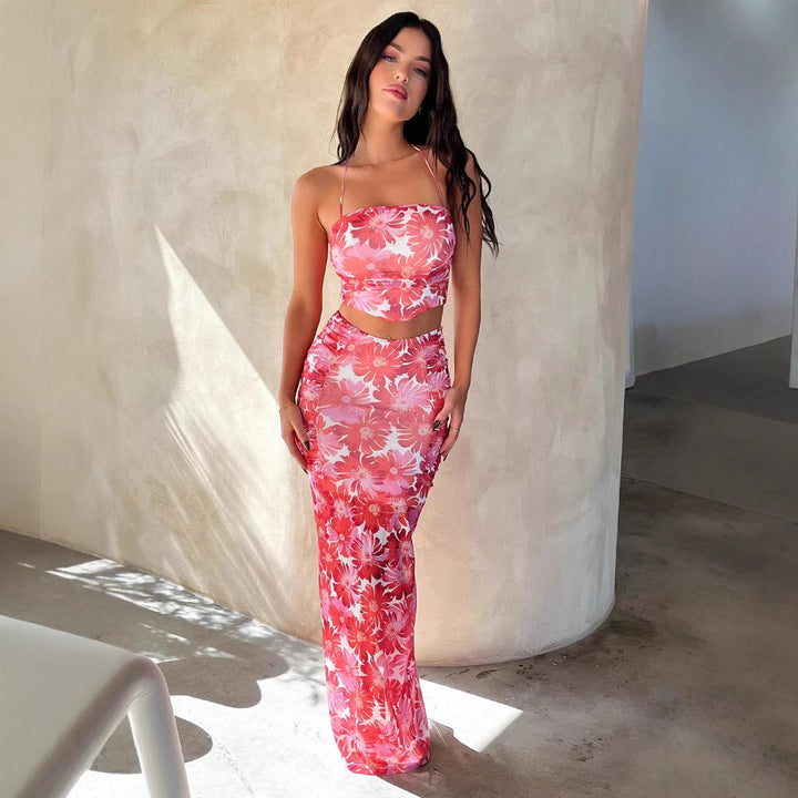 Damen Elegantes Crop-Top und Maxirock-Set mit floralem Design Echo Archiv