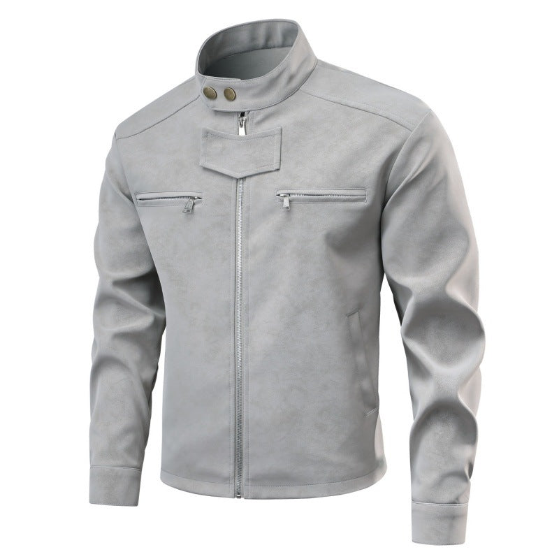 Herren Velourslederoptik-Bikerjacke mit Stehkragen, Brustreißverschlusstaschen & verdeckter Druckknopfblende Echoarchiv