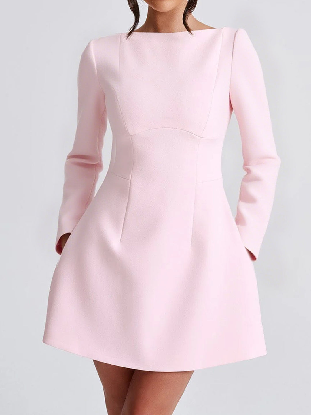 Damen tailliertes A-Linien Kleid mit U-Boot-Ausschnitt, langer Arm und dezenten Eingrifftaschen – Élara