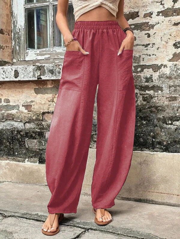 Damen Weite Leinenhose mit elastischem Bund, aufgesetzten Taschen und lässigem Harem-Schnitt Echoarchiv