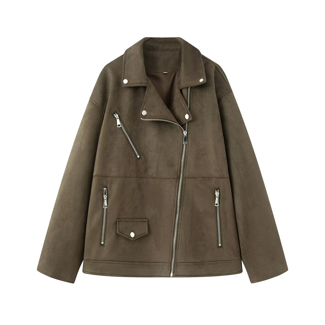 Damen Bikerjacke im Oversized Wildlederoptik mit asymmetrischem Reißverschluss Echoarchiv