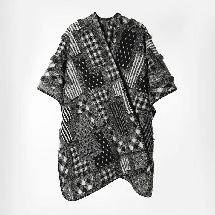 Damen Oversize-Patchwork-Cape im Bouclé- und Jacquard‑Mix mit kastiger Kurzarm-Silhouette Echo Archiv