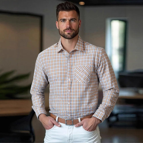Herren kariertes Langarmhemd mit Brusttasche und feiner Struktur Echoarchiv