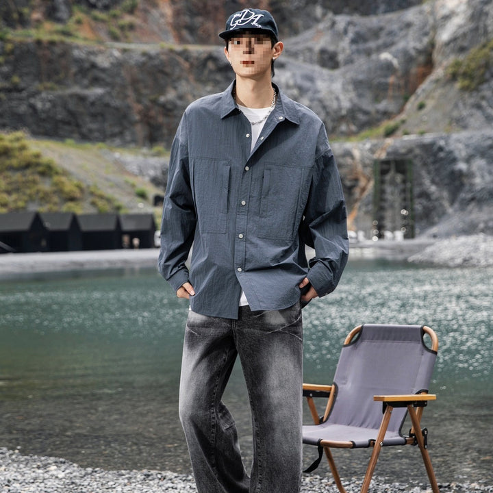 Herren Oversize Utility-Hemdjacke aus Ripstop mit Druckknopfblende und aufgesetzten Taschen Echoarchiv