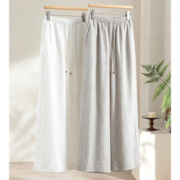 Damen Leichte Hochbund-Loungehose aus Leinenmix mit Tunnelzug und Nadelstreifen-Optik Echoarchiv