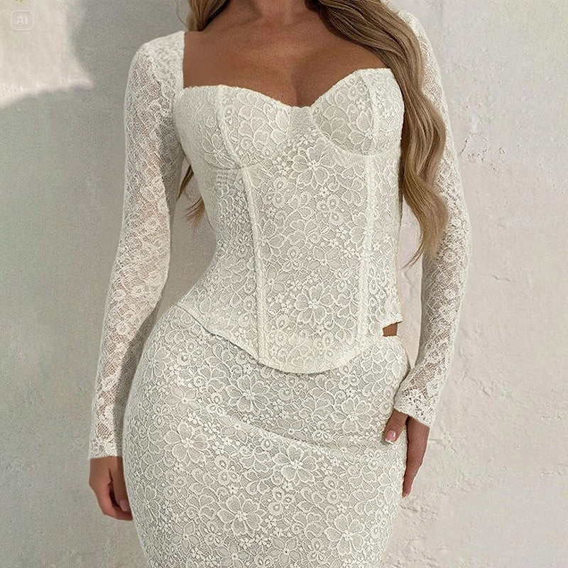 Damen elegante Spitzenbluse mit langem Arm und tailliertem Schnitt Echo Archiv