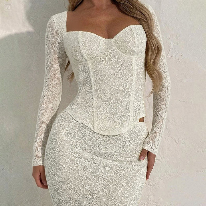 Damen elegante Spitzenbluse mit langem Arm und tailliertem Schnitt Echo Archiv