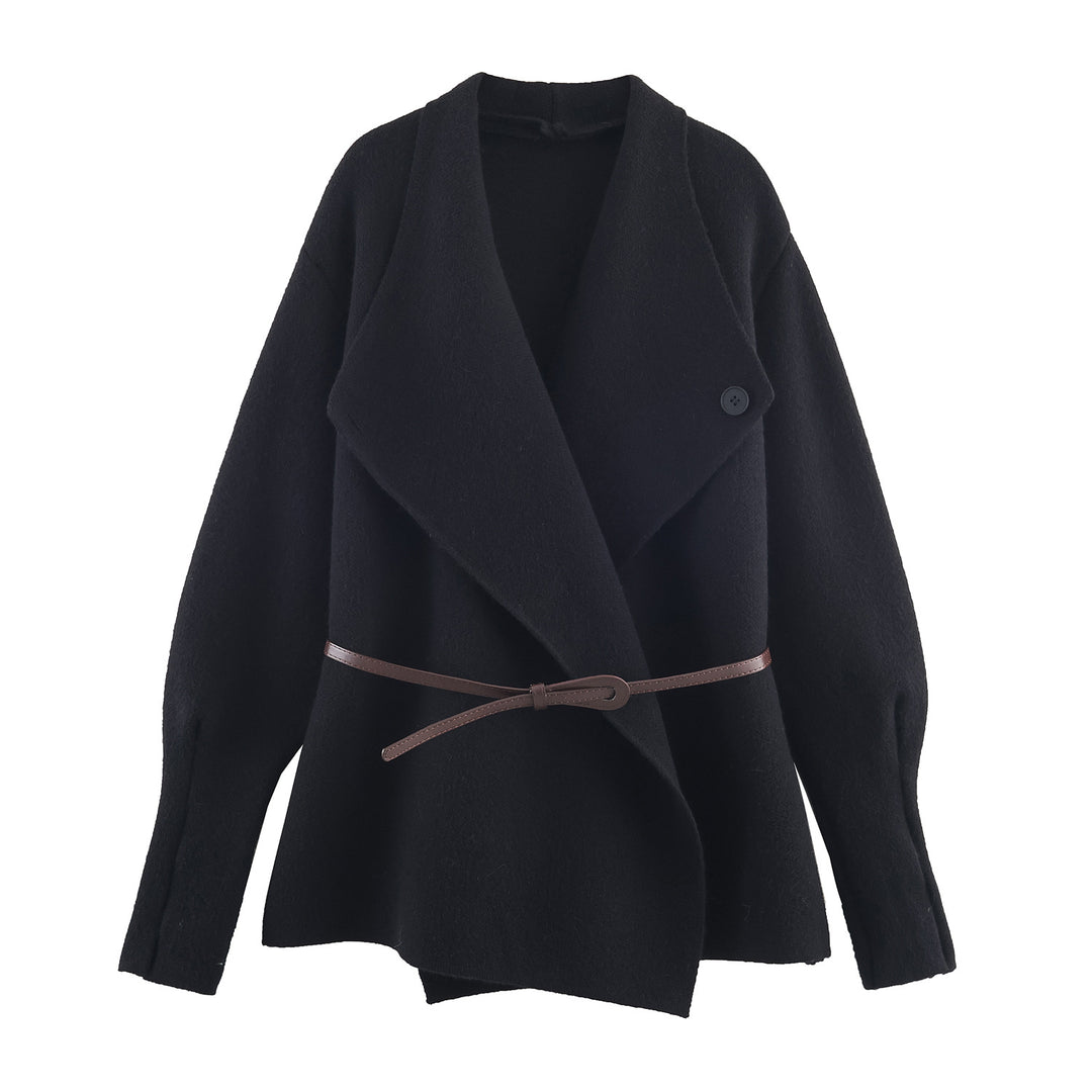 Damen Kurzgeschnittener Wollmix-Cardigan-Mantel mit weitem Schalkragen und schmalem Bindegürtel Echoarchiv