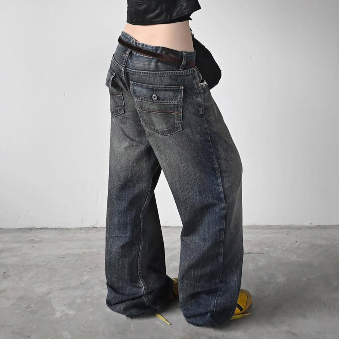 Damen High-Waist Jeans mit weitem Bein und stufenförmiger Waschung Echo Archiv