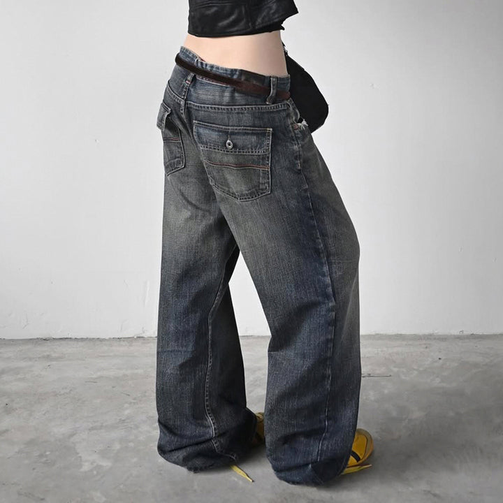 Damen High-Waist Jeans mit weitem Bein und stufenförmiger Waschung Echo Archiv
