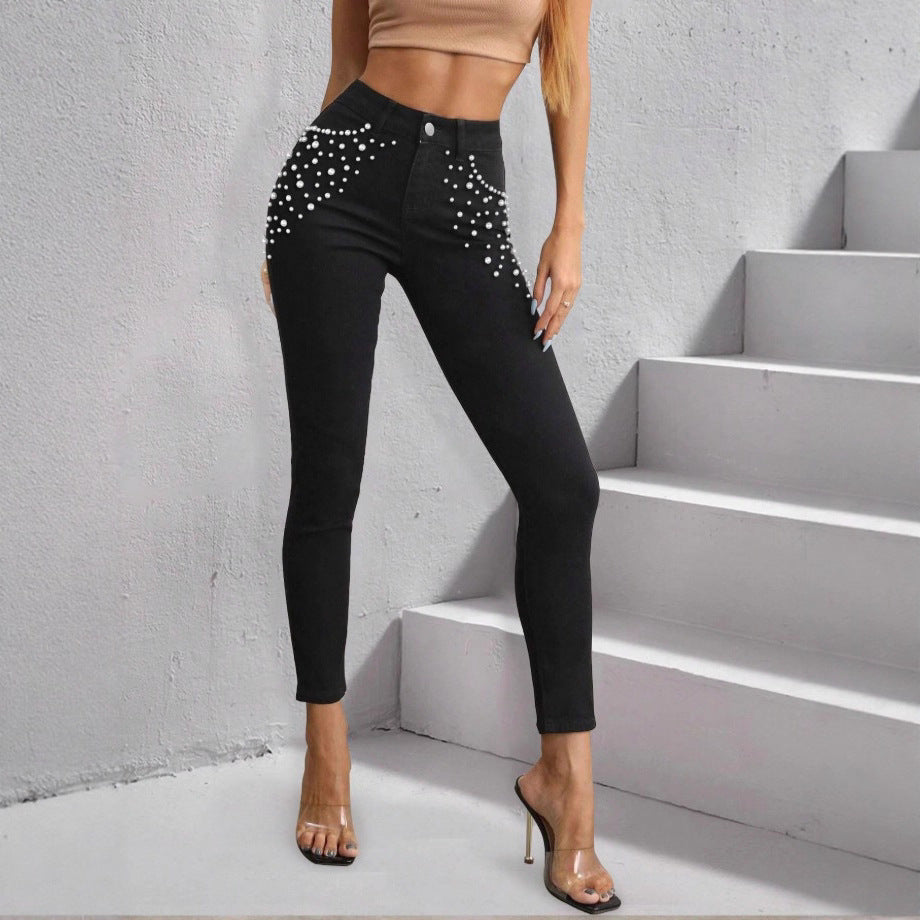 Damen Hochtaillierte Skinny-Jeans mit Perlenverzierung Echo Archiv