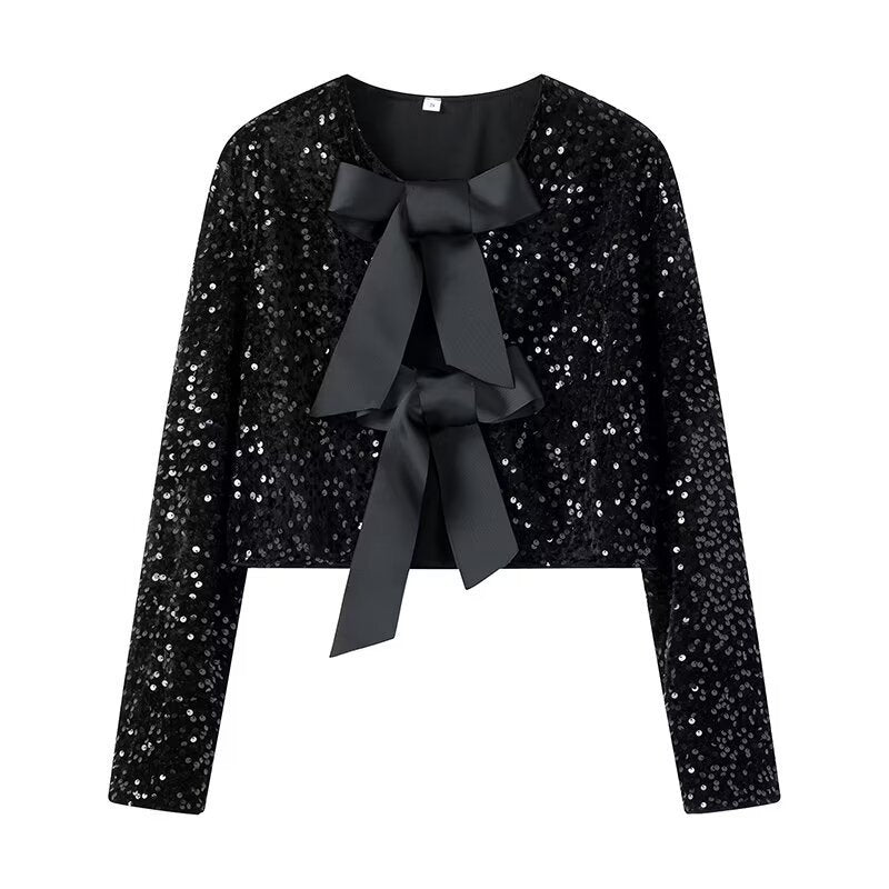 Damen Kurze Paillettenjacke mit Zierschleifen, Rundhalsausschnitt und langen Ärmeln Echo Archiv