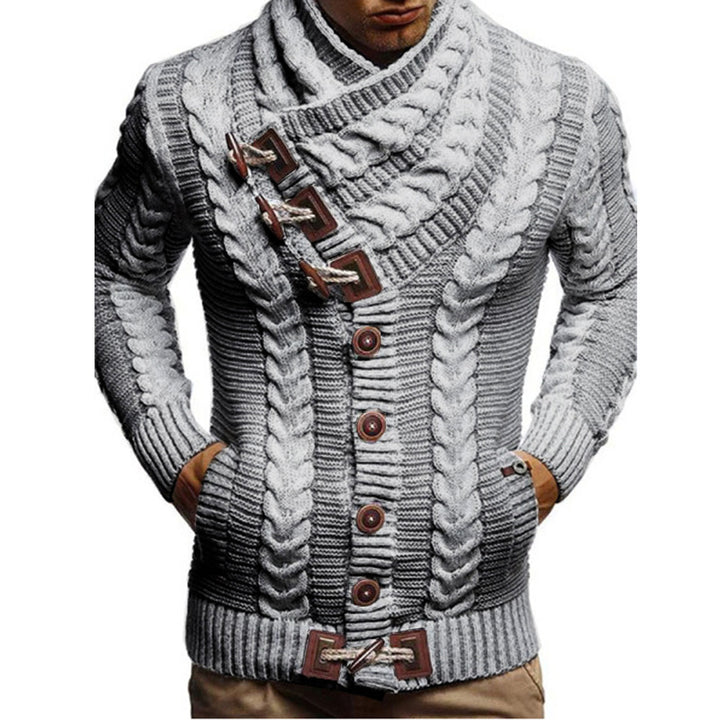 Herren Grobstrickjacke mit kreativem Schalkragen und Knopfdetails Echoarchiv