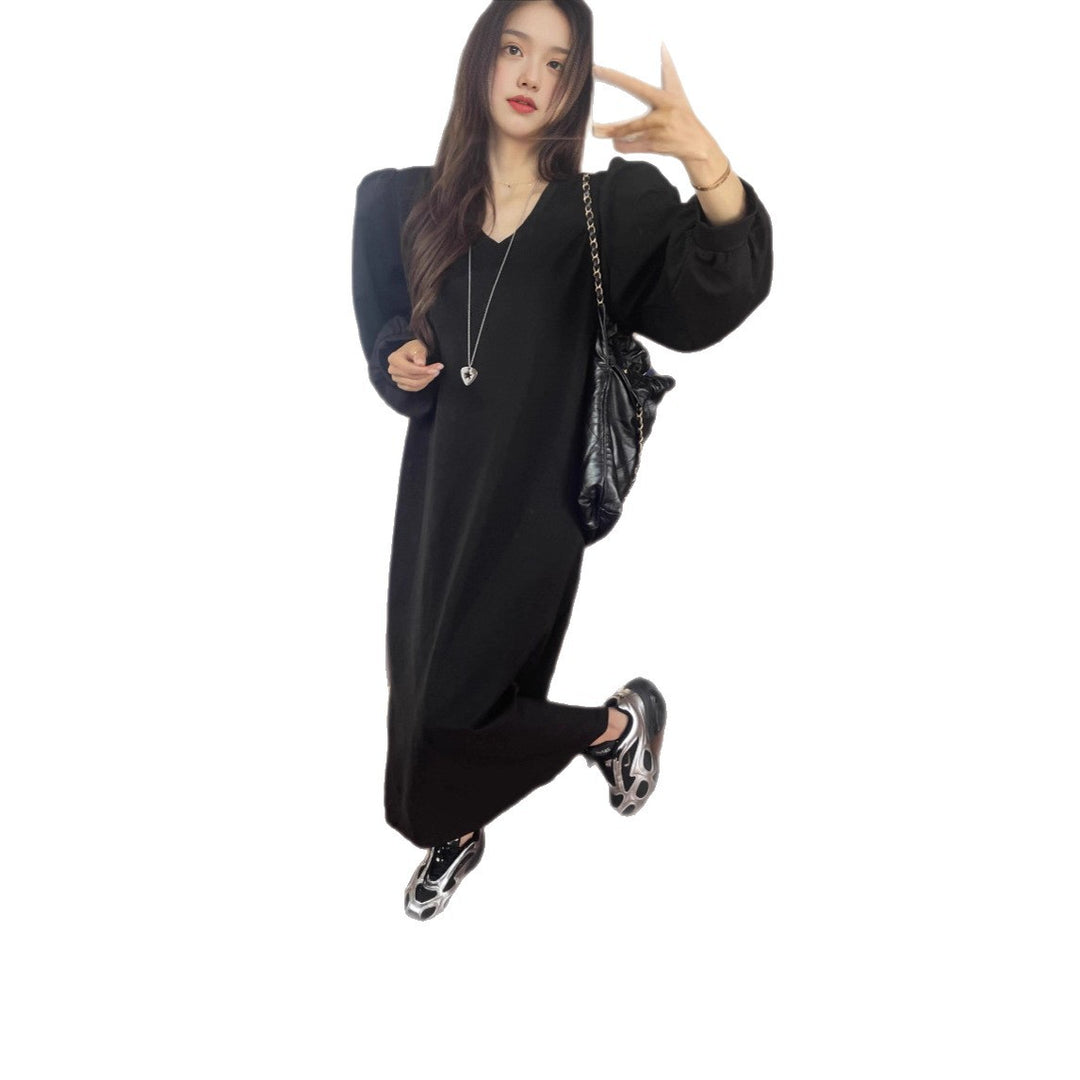 Damen Lässiges Maxi‑Sweatkleid mit V‑Ausschnitt, voluminösen Ballonärmeln und geradem Saum – Valéora