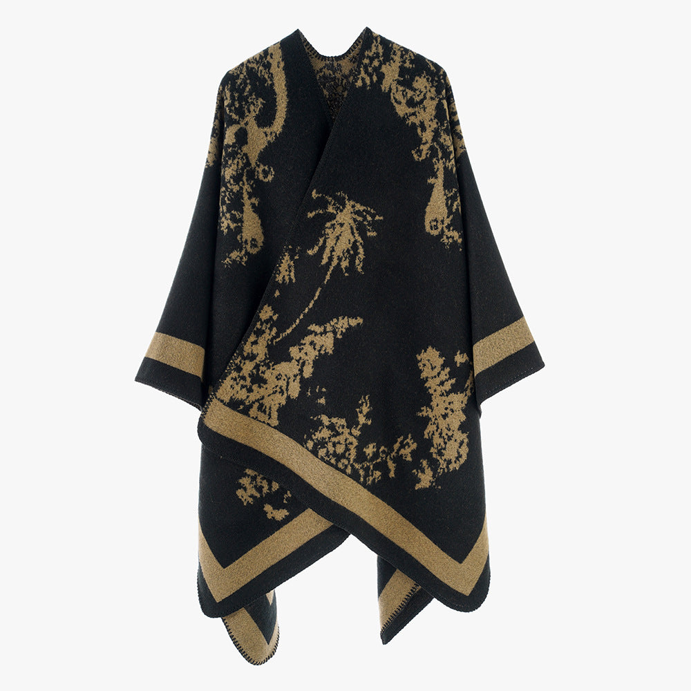 Damen Eleganter Cape‑Poncho im Kimono‑Schnitt mit Jacquard‑Strick – Avérine