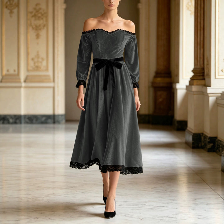 Damen Schulterfreies Samtkleid mit Spitzenbesatz, Samt-Taillengürtel und ausgestelltem Midirock Echoarchiv