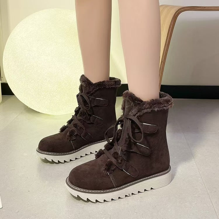 Damen gefütterte Schnürstiefelette mit Kunstfellkragen, elastischen Schlaufendetails und gezahnter Profilsohle – Lioré