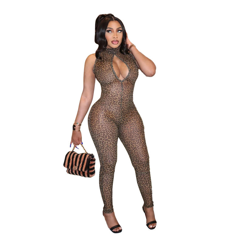 Damen Figurbetonter Jumpsuit mit tiefem Ausschnitt und Leopardenmuster Echo Archiv