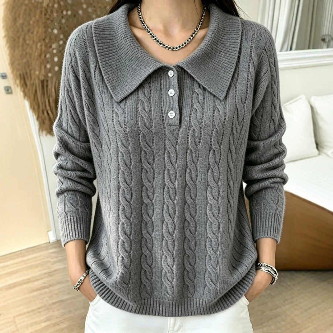 Damen Kabelstrick-Polo-Pullover mit großem Umlegekragen und lockerer Silhouette – Mavelle