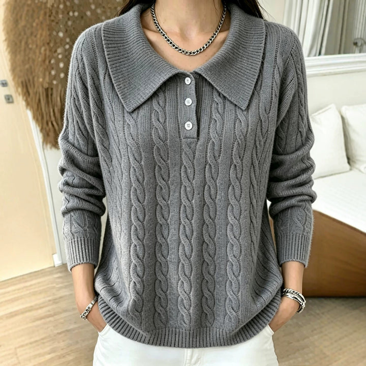 Damen Kabelstrick-Polo-Pullover mit großem Umlegekragen und lockerer Silhouette – Mavelle