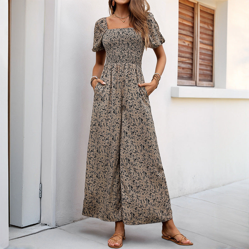 Damen Floraler Smocked-Jumpsuit mit Karree-Ausschnitt, Puffärmeln und weitem Beinschnitt Echoarchiv