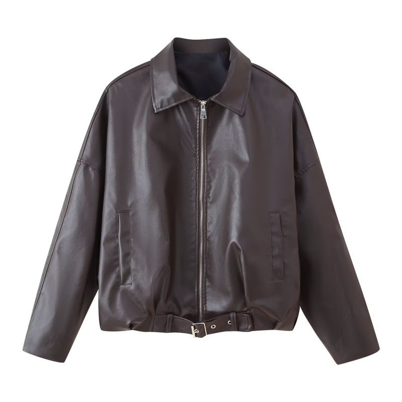 Unisex Oversize Kunstlederjacke mit Reißverschluss Hemdkragen und Taillengürtel Echo Archiv