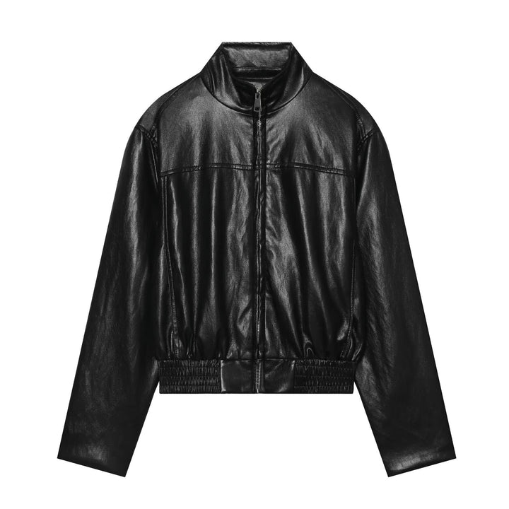 Damen Oversized-Lederblouson im Bomberstil mit Stehkragen und geripptem Saum Echo Archiv