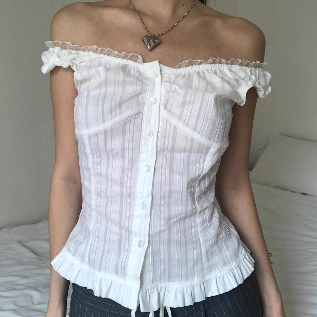 Damen Off-Shoulder Bluse mit Rüschensaum und Knopfdetails Echo Archiv