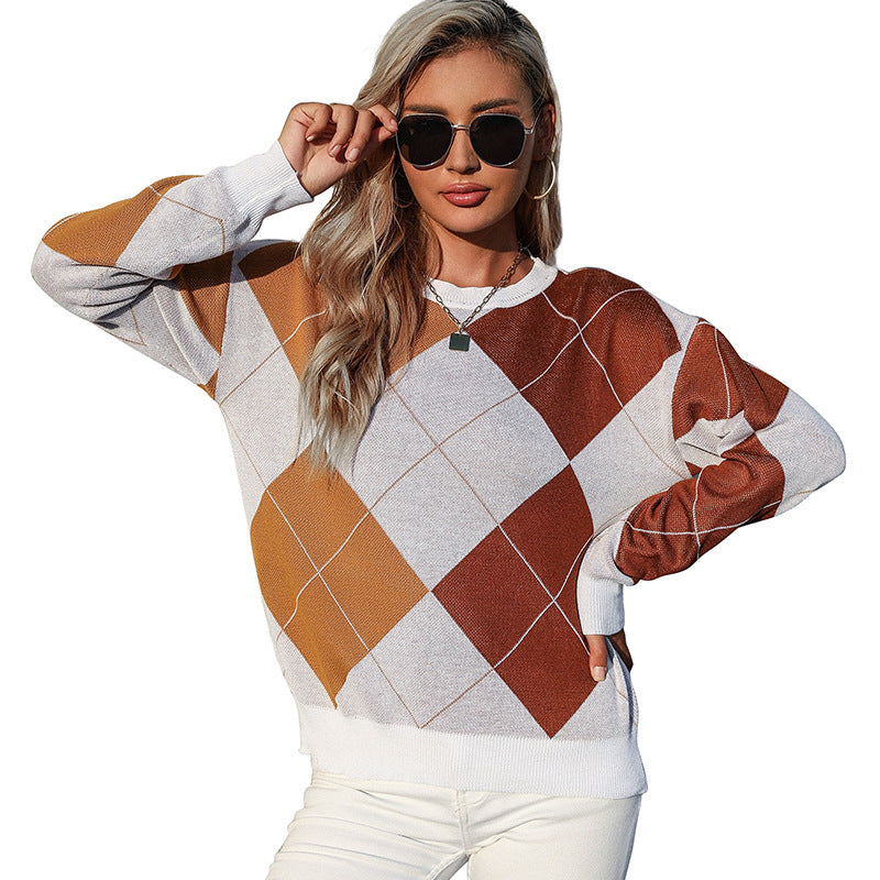 Damen Leichter Argyle-Feinstrickpullover mit Rundhalsausschnitt und lockerer Passform Echoarchiv