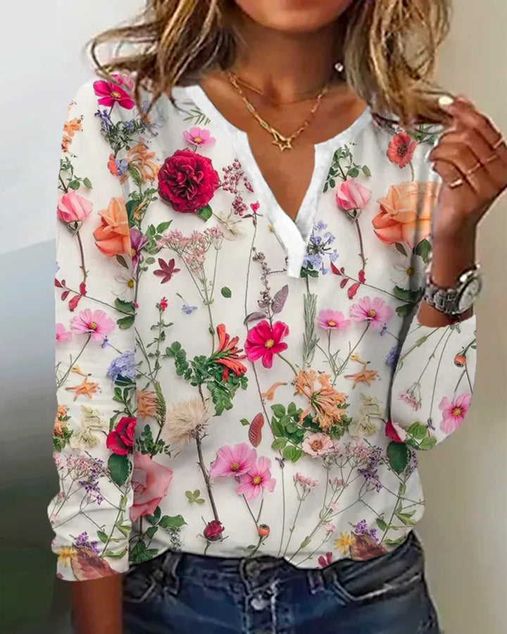 Damen Floral Lange Bluse im Chiffon-Look mit V-Schlitz und Lässiger Silhouette Echoarchiv