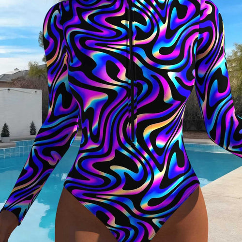 Damen eleganter Langarm-Schwimmanzug mit aufregendem Wellenmuster und hohem Kragen Echo Archiv