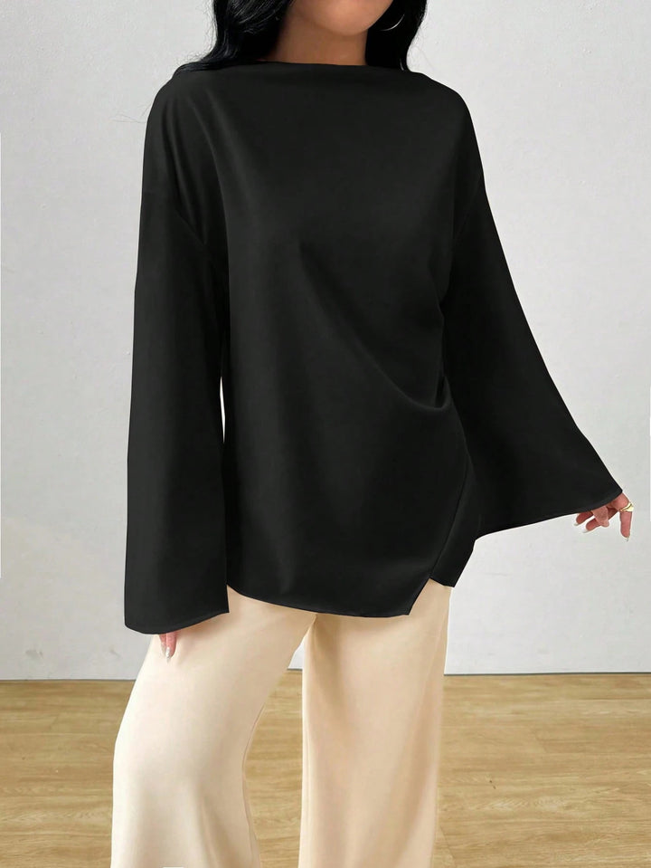 Damen nan oversized Satin-Tunika mit U-Boot-Ausschnitt und weiten Trompetenärmeln Echo Archiv