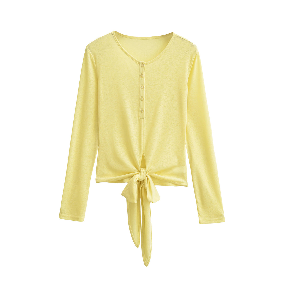 Damen Langarm-Henley-Top mit Knotenfront und Knopfleiste Echoarchiv