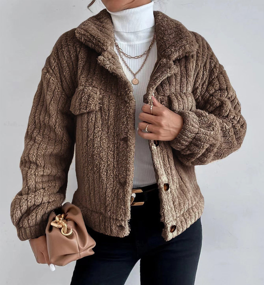 Damen nan kuschelige Teddyjacke mit Hemdkragen, Druckknopfverschluss und aufgesetzten Brusttaschen Echo Archiv
