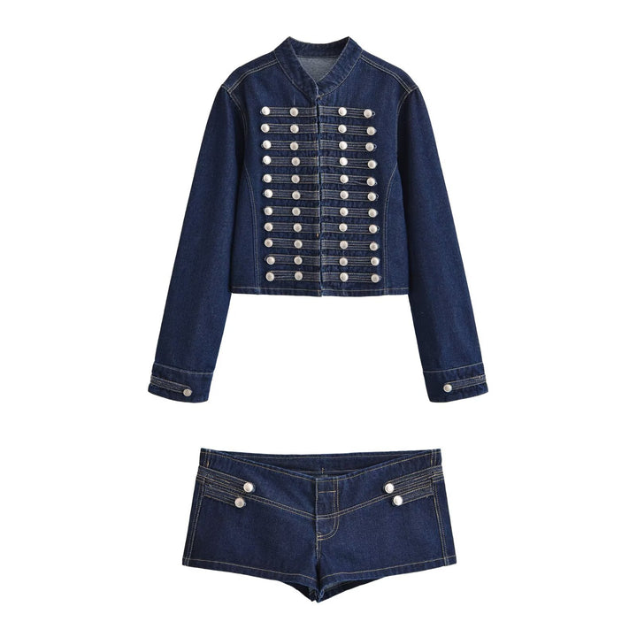 Damen Jeansjacke im Military‑Stil mit Stehkragen und dekorativen Reihen‑Druckknöpfen Echo Archiv