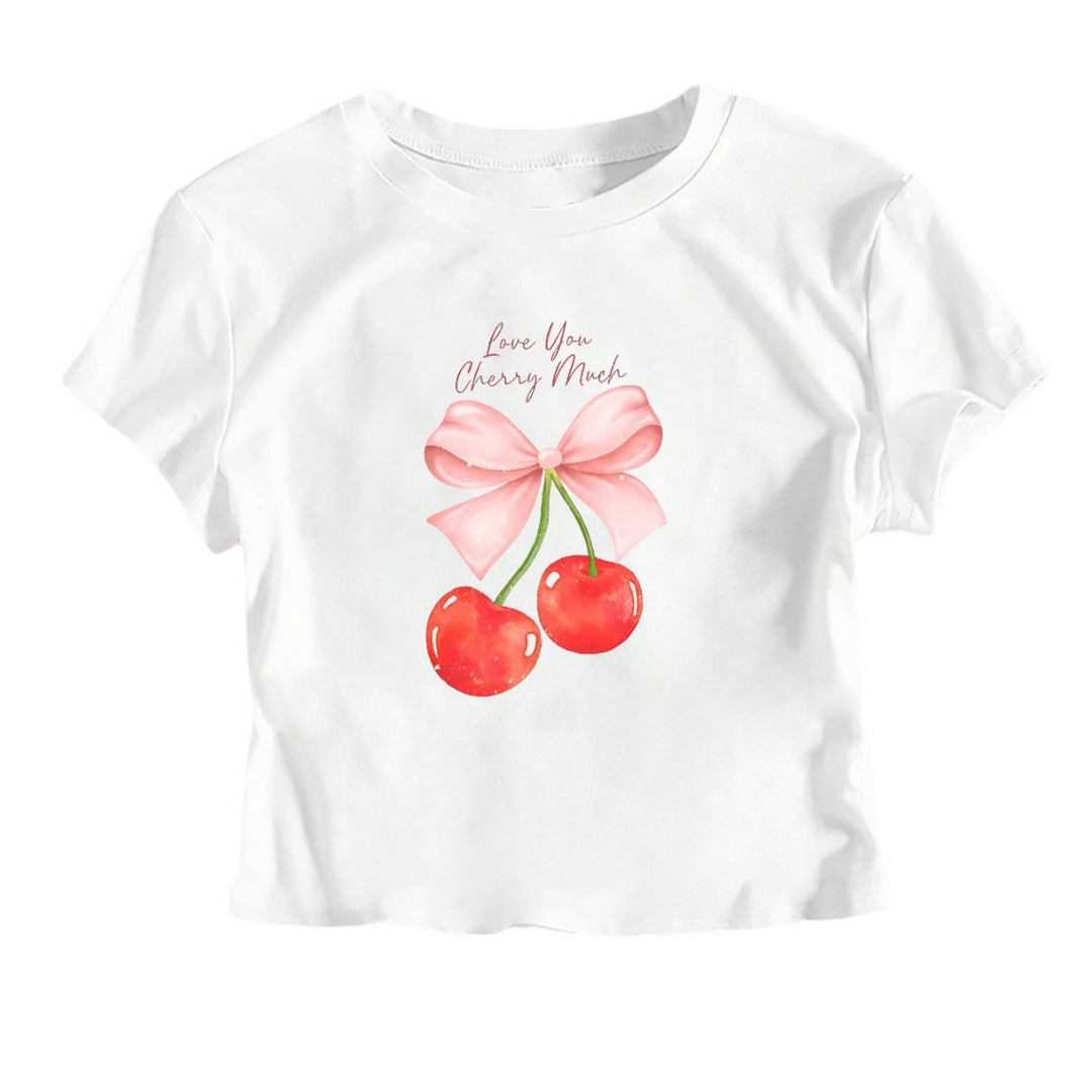 Damen Crop-Top mit fröhlichem Kirschmotiv und Schleifendruck Echo Archiv