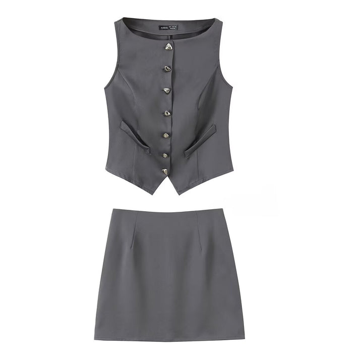 Damen-Set aus tailliertem Weste und kurzem Rock mit eleganten Knopfdetails Echo Archiv