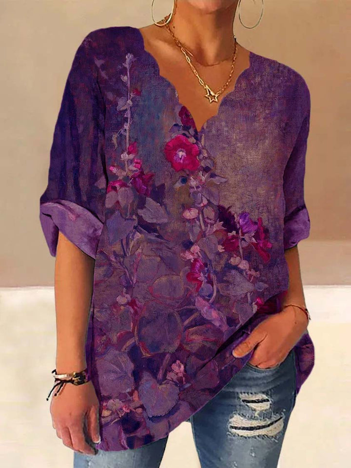 Damen Lockere Bluse mit Welligem V-Ausschnitt und Aquarell Floral Print – Élovi