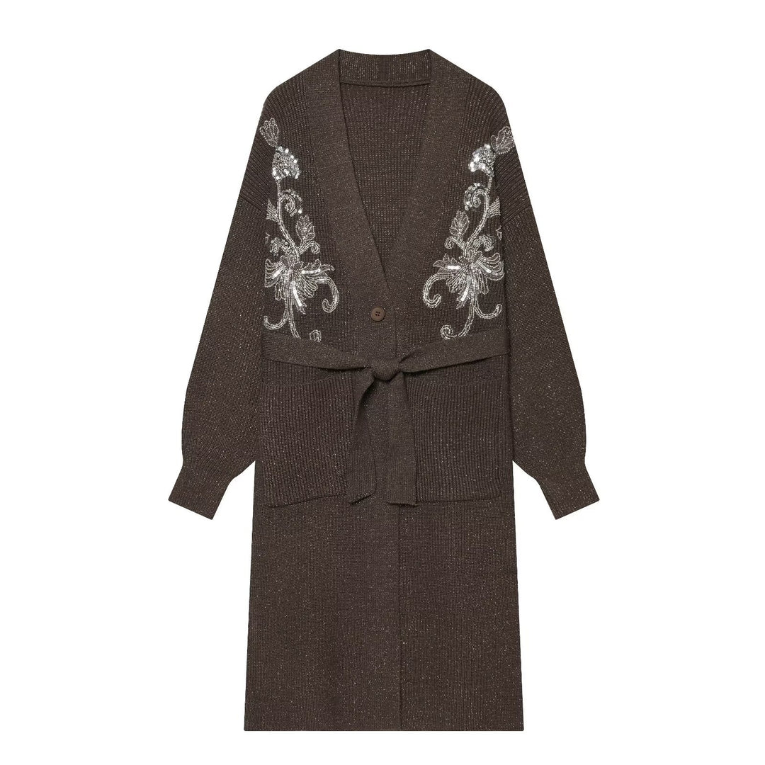 Damen Langer Strickcardigan mit Taillengürtel und Pailletten‑Stickerei Echo Archiv