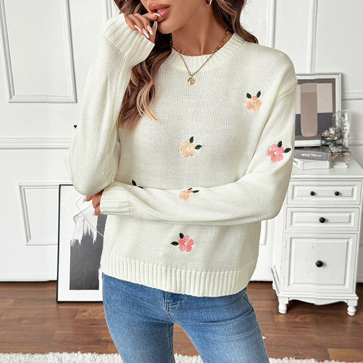 Damen Feinstrick-Pullover mit gestickten Blumenapplikationen und Rundhalsausschnitt Echoarchiv