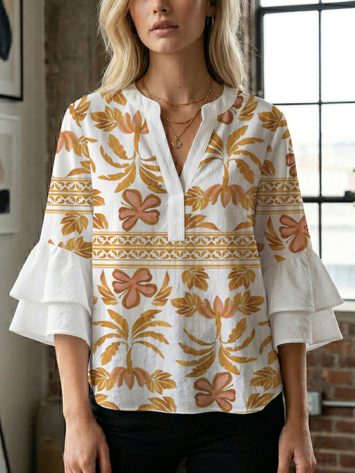 Damen lässige Bluse mit Volantärmeln und botanischem Druck Echo Archiv