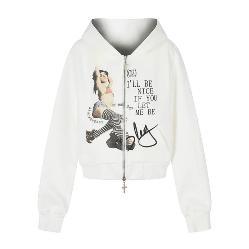 Damen Kapuzen-Sweatjacke mit Fotoprint, kurzem Cropped-Schnitt und Kreuz-Zipper Echoarchiv