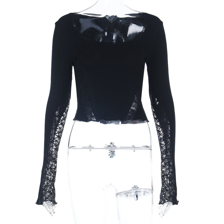 Damen Figurbetontes Cropped-Longsleeve mit transparenten Spitzeneinsätzen Echo Archiv