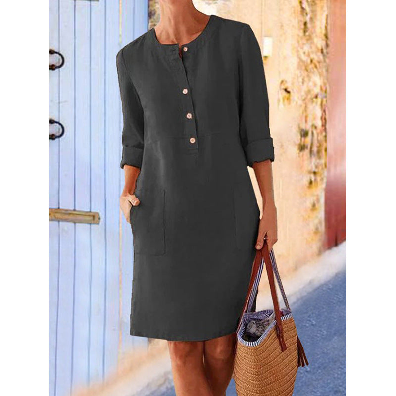Damen Locker geschnittenes Leinenoptik-Kleid mit dreiviertel-Ärmeln, Knopfleiste und Eingrifftaschen Echo Archiv