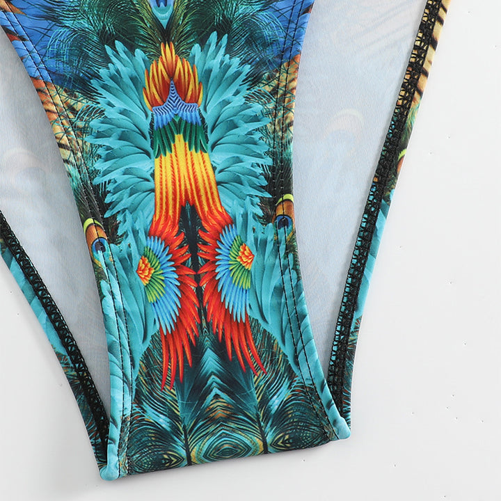 Damen Push-Up Bikini-Set mit exotischem Pfauenmuster und eleganten Schmuckdetails Echo Archiv