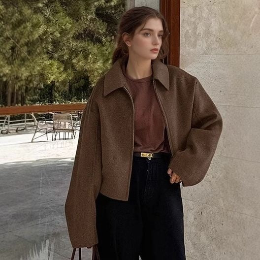 Damen lässige Kurzjacke mit weitem Schnitt und Reverskragen Echoarchiv