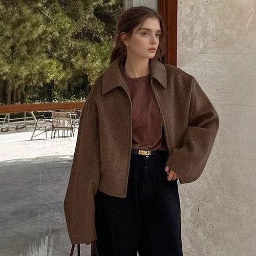 Damen lässige Kurzjacke mit weitem Schnitt und Reverskragen Echoarchiv