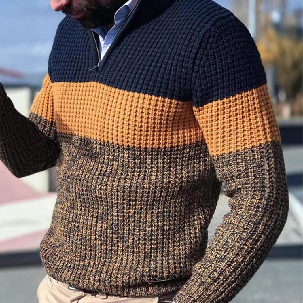 Herren Grobgestrickter Strukturstrick-Pullover mit halbem Reißverschluss und Raglanärmeln Echo Archiv